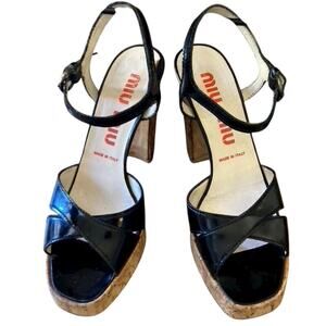 Miu Miu Black Patent Leather & Cork Heels, Vintage early 2000's VG!